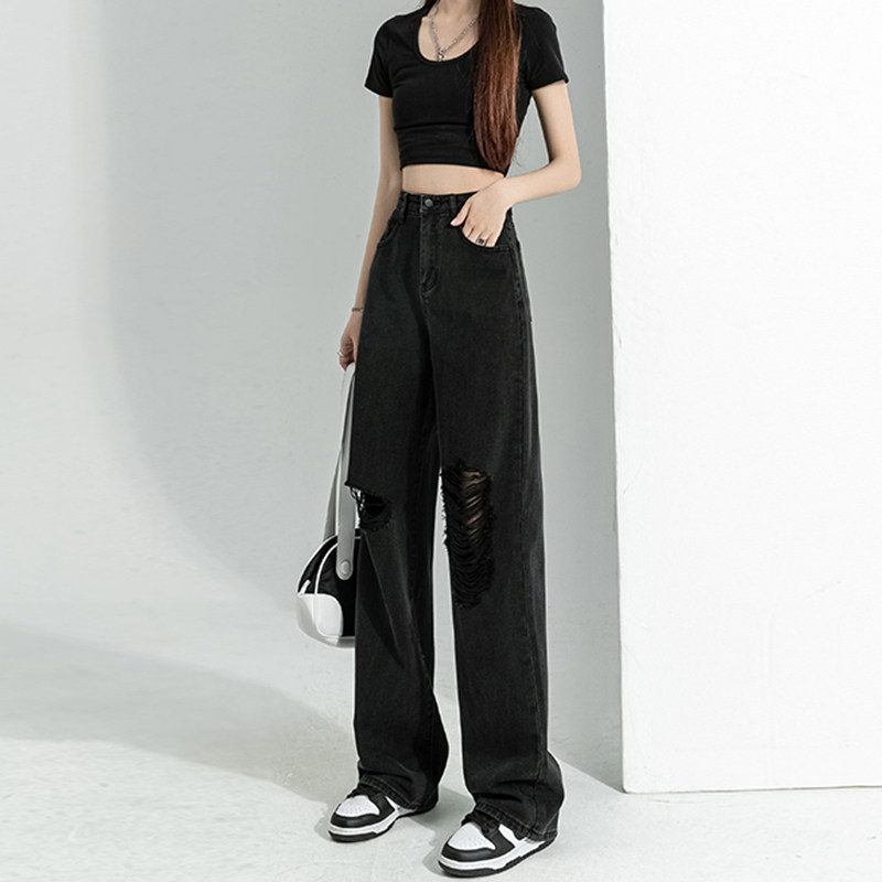 Black high-waisted straight-leg ripped jeans, summer women's thin, wide-leg pants with a sense of drape, loose and slimming floor-length pants details Picture